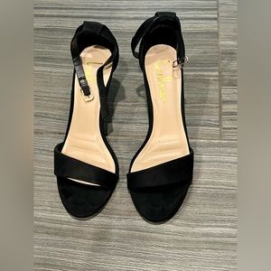 Lulus Published Author Black Suede Ankle Strap Heels.